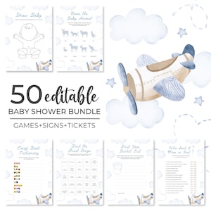 Blue Airplane Baby Shower Game Bundle | Travel Baby Shower Game Pack | Vintage Plane Baby Shower Activity Set | Aviation Shower Games | SB1