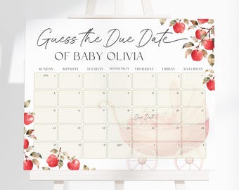 May include: A white sign titled Guess the Due Date of Baby Olivia featuring a calendar grid for August and September. The design includes watercolor illustrations of red apples on branches and a faint pink baby carriage in the background.