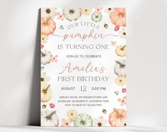 Pumpkin 1st Birthday Invitation | Little Pumpkin Birthday Invite | Autumn Birthday Party Invite | Editable Fall First Birthday Evite | BR26