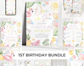 One In The Sun 1st Birthday Bundle | Tropical Summer Birthday Invitation Set | Pool Party Birthday Decor | Beach Birthday Invite Pack | BR22