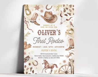 Erste Rodeo Geburtstagseinladung | Cowboy 1.Geburtstagseinladung | Wilder Westen Geburtstag einladen | Bearbeitbare Western Jungen Geburtstag Einladen | BR6