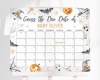 May include: A Halloween-themed baby shower calendar on a white easel. The calendar features ghosts, bats, pumpkins, and spiderwebs. Text reads "Guess the Due Date of BABY OLIVER." The calendar grid is surrounded by Halloween illustrations.