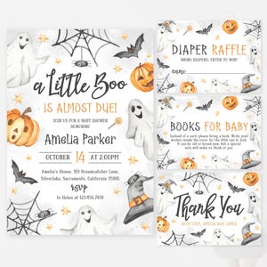 Zestaw zaproszeń na baby shower A Little Boo | Zestaw zaproszeń na halloweenowy baby shower | Zestaw zaproszeń na baby shower z duchami | Upiorne zaproszenie na baby shower | SB4