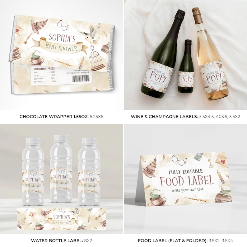 Op de afbeelding: Een verzameling feestartikelen met een babyshower-thema. Inclusief een chocoladewikkel, wijn- en champagnelabels, waterfleslabels en een voedsellabel. De ontwerpen bevatten illustraties van een hoed, bril en magische elementen.