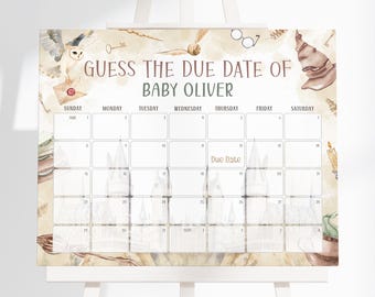 May include: A baby shower calendar on an easel, featuring a watercolor design with a Hogwarts theme. The calendar is labeled "Guess the Due Date of Baby Oliver" and includes a grid for guests to write their guesses. The design includes an owl, glasses, and a sorting hat.