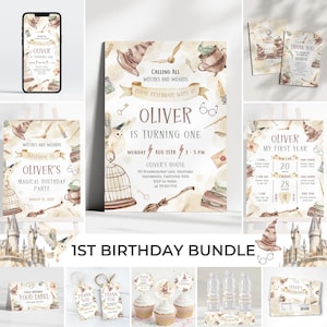May include: A collection of party supplies with a magical theme, including invitations, thank you cards, cupcake toppers, and water bottle labels. The design features illustrations of a wizard's hat, owl, and other magical elements. The text reads "Oliver is turning one."