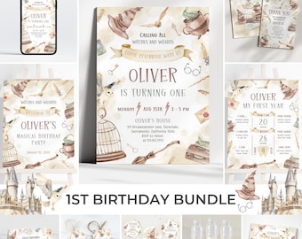 Zauberer 1st Birthday Bundle | Chosen One Geburtstagseinladungs-Set | Magische Geburtstagsparty Dekor | Hexen Erster Geburtstag Einladen Pack | BR2