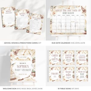 Op de afbeelding: Een verzameling baby shower decoraties met een tovenaars thema. Inclusief advieskaarten, een kalender, een welkomstbord en tafelsignalen. Het kleurenpalet is zacht met beige, bruin en cr&egrave;metinten.