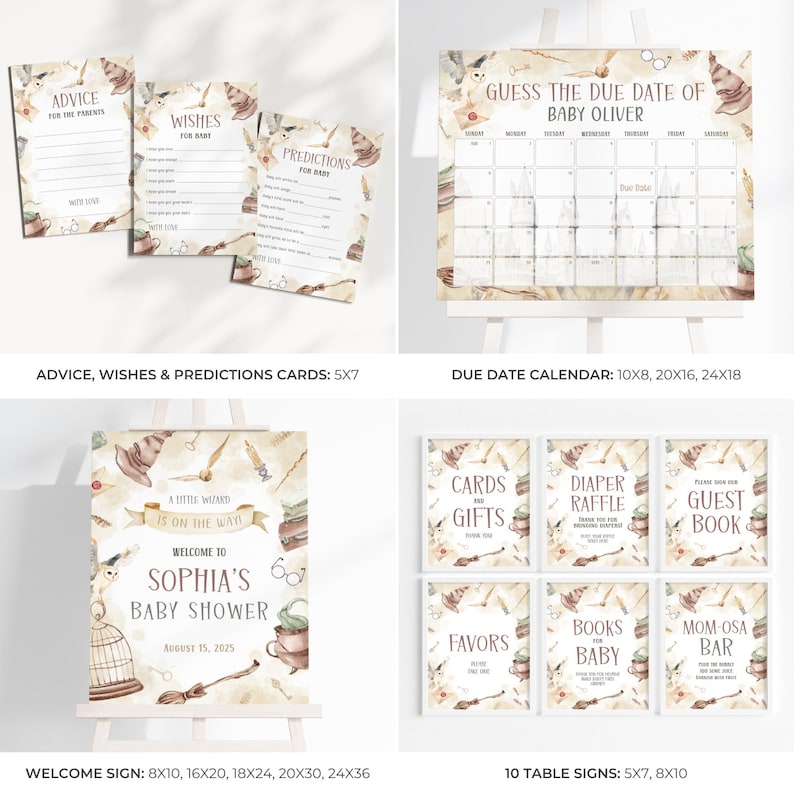 Op de afbeelding: Een verzameling baby shower decoraties met een tovenaars thema. Inclusief advieskaarten, een kalender, een welkomstbord en tafelsignalen. Het kleurenpalet is zacht met beige, bruin en cr&egrave;metinten.