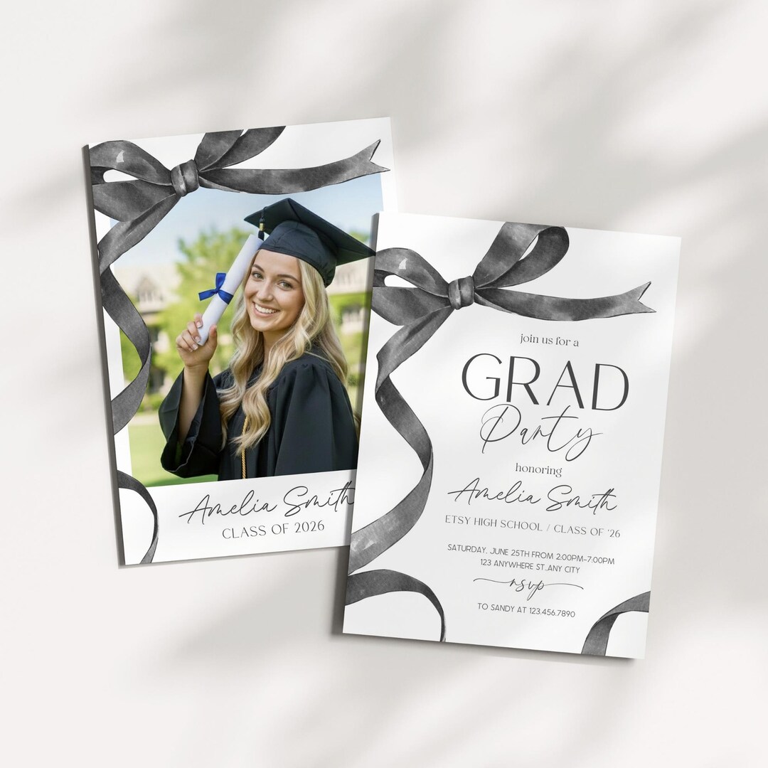 Black Bow Graduation Party Invitation | Photo Graduation Invite ...