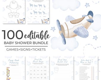 Airplane Baby Shower Games Bundle | Vintage Plane Baby Shower Games Set | Travel Baby Shower Activities Pack | Aviation Shower Games | SB1