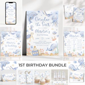 May include: A bundle of aquatic-themed party supplies for a first birthday. Includes invitations, thank you cards, food labels, cupcake toppers, water bottle labels, and a welcome sign. The designs feature watercolor illustrations of whales, dolphins, and other sea creatures.