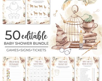 Puede incluir: Un paquete de baby shower con 50 juegos, letreros y boletos editables. El diseño presenta ilustraciones de acuarela de un sombrero seleccionador, un búho y otros elementos mágicos. Incluye juegos como "Dibuja al bebé" y "Nombra al animal bebé".