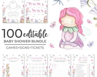 May include: A baby shower bundle with games, signs, and tickets. The bundle includes a drawing game, a name the baby animal game, and other activities. The image features a fairy illustration and the text "100 editable BABY SHOWER BUNDLE GAMES+SIGNS+TICKETS."