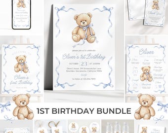 Pacchetto di inviti per il primo compleanno di Beary / Pacchetto di compleanno per orsacchiotti / Decorazioni per feste di compleanno di Beary / Set per il compleanno di un bambino / Modello modificabile / BR5