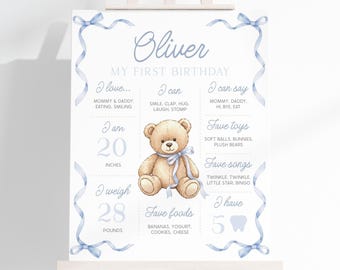 Beary First Birthday Milestone Sign | Teddy Bear Birthday Milestone Poster | Blue Bow Bear Birthday Party Decor | Boy Milestone Board | BR5