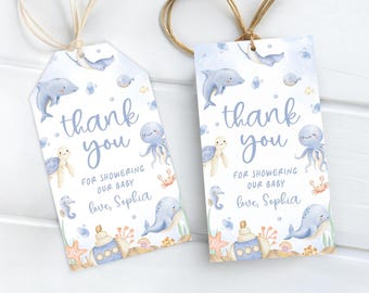 Under The Sea Baby Shower Thank You Tag | Ocean Animals Baby Shower Favor Tag | Blue Nautical Shower Decor | Sea Creatures Gift Tag | SB15