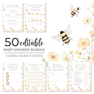 Könnte beinhalten: Ein Babyparty-Bundle mit 50 bearbeitbaren Spielen, Schildern und Tickets. Das Design zeigt Aquarellbienen und -blumen in Gelb- und Weißtönen. Das Bundle enthält Spiele wie "Zeichne das Baby" und "Nenne das Babytier".