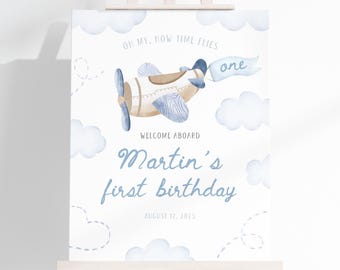 Blue Airplane 1st Birthday Welcome Sign | Plane Birthday Welcome Poster | Time Flies Birthday Decor | Boy First Flight Birthday Board | BR1