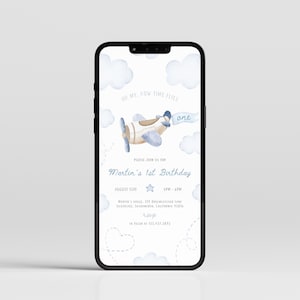 Blue Airplane 1st Birthday Evite | Plane Birthday Phone Invitation | Time Flies Birthday Evite | Boy First Flight Birthday Invite | BR1