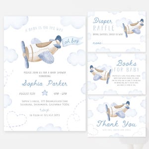 Uitnodigingsbundel vliegtuigbabyshower | Vintage uitnodigingsset babyshower vliegtuig | Babyshowerpakket voor op reis | Luchtvaart babyshower | SB1