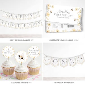 May include: A collection of party decorations with a bee theme. Includes a "Happy Birthday" banner, cupcake toppers, a chocolate wrapper, and a "One" banner. The decorations feature floral and bee designs in yellow and white.