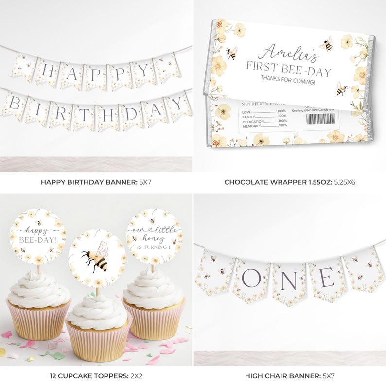 May include: A collection of party decorations with a bee theme. Includes a "Happy Birthday" banner, cupcake toppers, a chocolate wrapper, and a "One" banner. The decorations feature floral and bee designs in yellow and white.