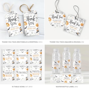 May include: Halloween-themed party supplies, including thank you tags, table signs, and water bottle labels. Designs feature ghosts, pumpkins, spiderwebs, and the text "Thank You" and "Martin's First Birthday".