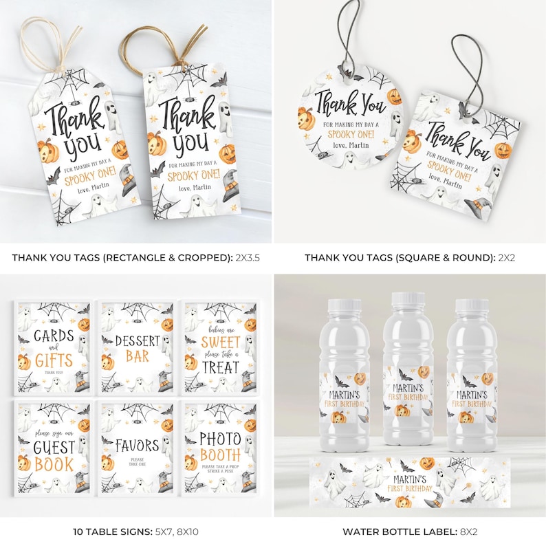 May include: Halloween-themed party supplies, including thank you tags, table signs, and water bottle labels. Designs feature ghosts, pumpkins, spiderwebs, and the text "Thank You" and "Martin's First Birthday".