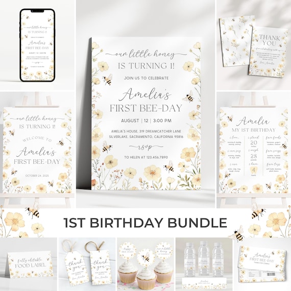Bee 1st Birthday Invitation Bundle | First Bee Day Birthday Invite Set | Honey Bee Birthday Decor | Floral Bee Birthday Invite Pack | BR11