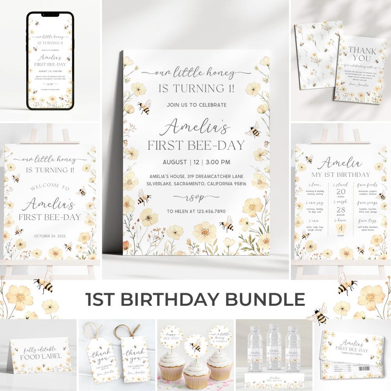 May include: A collection of party supplies with a bee theme. Includes invitations, welcome signs, thank you cards, cupcake toppers, water bottle labels, and a food label. The text reads "Amelia's First Bee-Day". The color scheme is yellow and white.