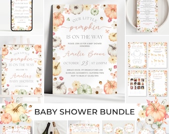 May include: A baby shower stationery bundle featuring pumpkin and floral illustrations. Items include invitations, menu cards, games, signs, and tags with text such as Our Little Pumpkin Is On The Way, Amelia Brown, and Books For Baby.