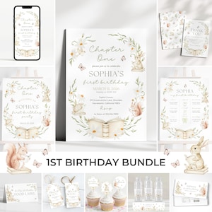 May include: A collection of watercolor-style 1st birthday party supplies. The bundle includes invitations, thank you cards, cupcake toppers, water bottle labels, and more. The design features floral elements, a bunny, and the text "Sophia's first birthday".