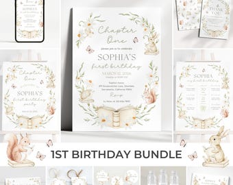 Pode incluir: Um conjunto de artigos para festas de 1º aniversário com um design em aquarela. O pacote inclui convites, cartões de agradecimento e toppers de cupcake. O design apresenta elementos florais, um coelho e o texto "Sophia's first birthday".