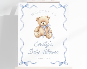 We Can Bearly Wait Baby Shower Welcome Sign | Teddy Bear Shower Welcome Board | Bear Baby Shower Decor | Blue Bow Bear Welcome Poster | SB5