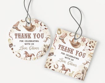 May include: Two decorative tags with a cowboy theme. One is round, the other square. Both feature a brown and beige color scheme with cowboy boots, hats, horses, and the text "THANK YOU FOR CELEBRATING WITH US Love, Oliver."