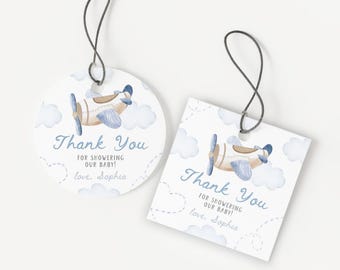 Blue Airplane Baby Shower Favor Tag | Travel Baby Shower Thank You Tag | Vintage Plane Baby Shower Gift Tag | Aviation Shower Decor | SB1