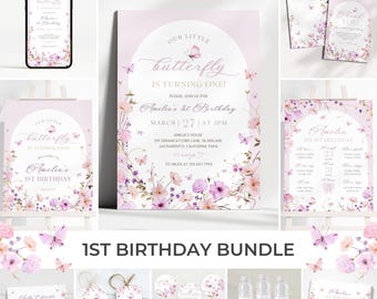 May include: A 1st birthday bundle featuring invitations, thank you cards, food labels, cupcake toppers, and water bottle labels. The design includes floral and butterfly motifs in shades of pink and purple. The invitation reads "Our Little Butterfly is Turning One!"