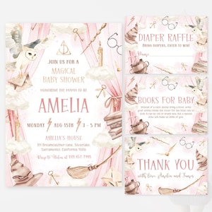 May include: Baby shower stationery set with a magical theme. The main invitation, in pink, features an owl, a wand, and the name "Amelia". Additional cards include "Diaper Raffle," "Books for Baby," and a thank you card.