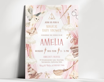 Pink Wizard Baby Shower Invitation | Girl Magic School Baby Shower Invite | Magical Baby Shower Invite | Little Witch Shower Invite | SB9