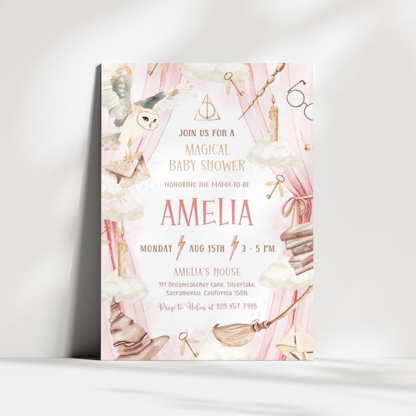 Invitación para baby shower de Mago Rosa / Invitación para baby shower de Escuela de Magia para Niñas / Invitación para baby shower Mágico / Invitación para baby shower de Brujita / SB9