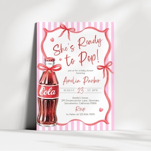 Invitación para baby shower "She's Ready to Pop" / Invitación para baby shower "Soda Pop" / Invitación para baby shower "Retro Pink Cola" / Invitación para baby shower "Girl Bow Soda" / SB21