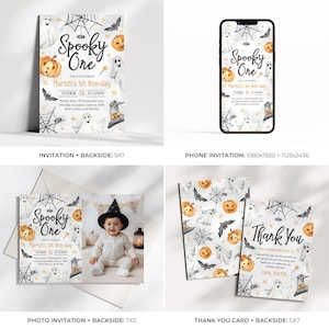 May include: Halloween-themed invitation set with a "Spooky One" design. Includes invitations, phone invitation, photo invitation, and thank you cards. Features pumpkins, ghosts, bats, and spiderwebs. The invitation is for Martin's 1st Boo-day on October 14th at 2:00 PM.