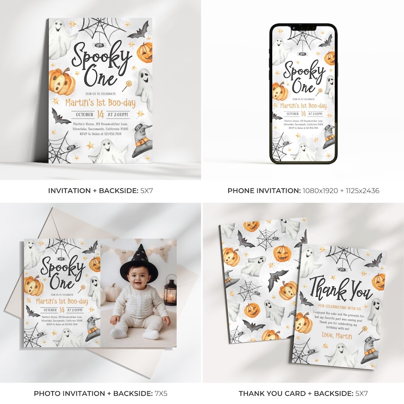May include: Halloween-themed invitation set with a "Spooky One" design. Includes invitations, phone invitation, photo invitation, and thank you cards. Features pumpkins, ghosts, bats, and spiderwebs. The invitation is for Martin's 1st Boo-day on October 14th at 2:00 PM.