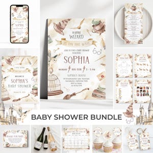 May include: A baby shower bundle with a wizard theme. The set includes invitations, a menu, games, cupcake toppers, and thank you tags. The color palette is soft with watercolor illustrations of a wizard hat, owl, and other magical elements.