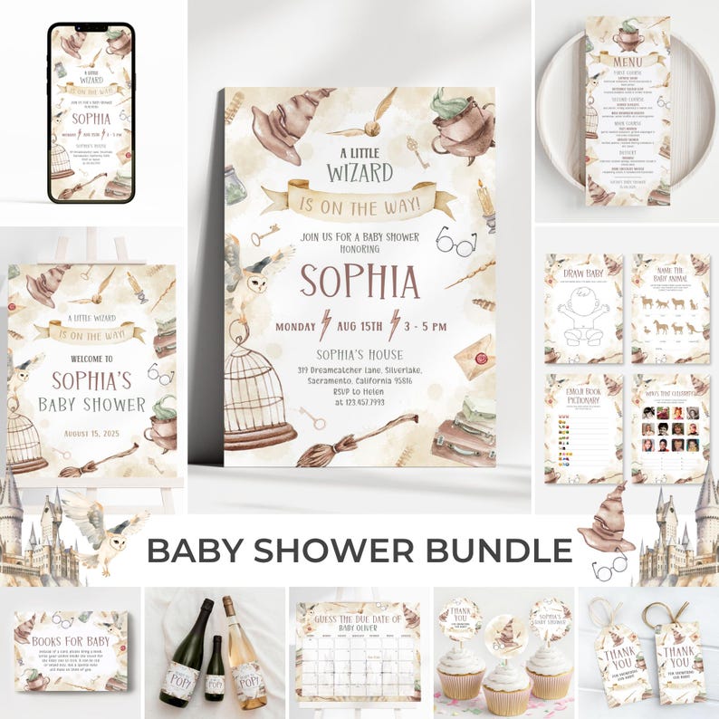 Op de afbeelding: Een baby shower bundel met een tovenaars thema. De set bevat uitnodigingen, een menu, spelletjes, cupcake toppers en bedank labels. Het kleurenpalet is zacht met aquarel illustraties van een tovenaars hoed, uil en andere magische elementen.