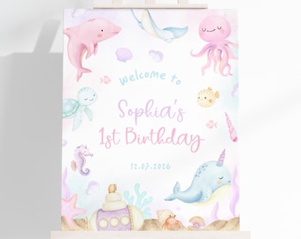 Oneder The Sea 1st Birthday Welcome Sign | Ocean Animals Birthday Welcome Poster | Under The Sea Birthday Decor | Pink Nautical Board | BR16