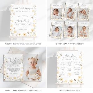 May include: A collection of party supplies for a first birthday celebration. Includes a welcome sign, photo cards, a thank you card, and a milestone sign. The theme is "First Bee-Day" with floral and bee illustrations.