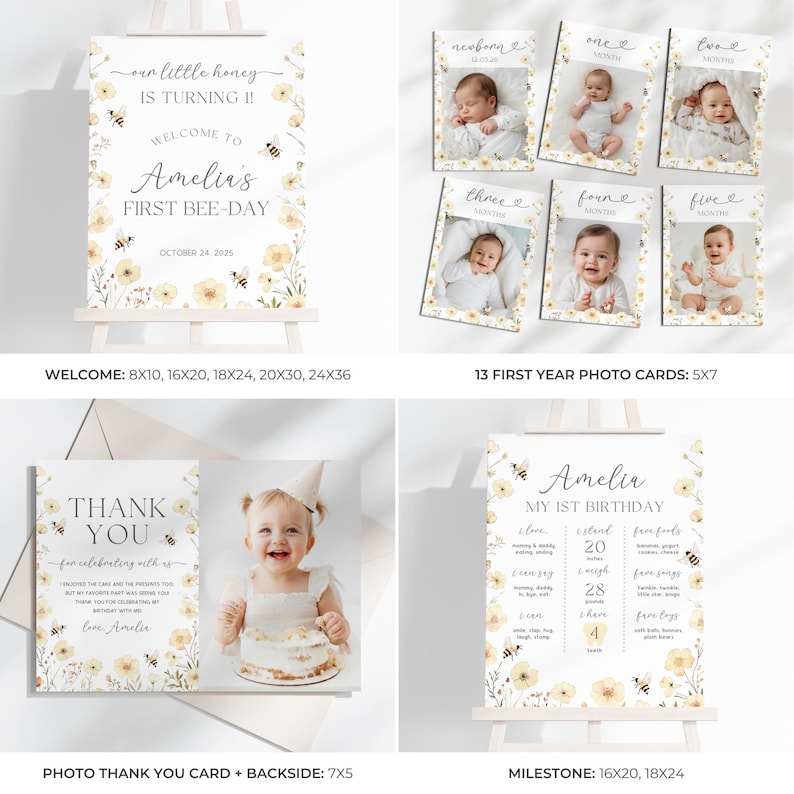 May include: A collection of party supplies for a first birthday celebration. Includes a welcome sign, photo cards, a thank you card, and a milestone sign. The theme is "First Bee-Day" with floral and bee illustrations.