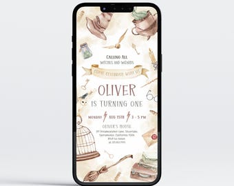 May include: A smartphone displays a whimsical birthday invitation. The design features watercolor illustrations of a sorting hat, a broom, and other magical elements. The text reads "Calling all witches and wizards, come celebrate with us, Oliver is turning one."